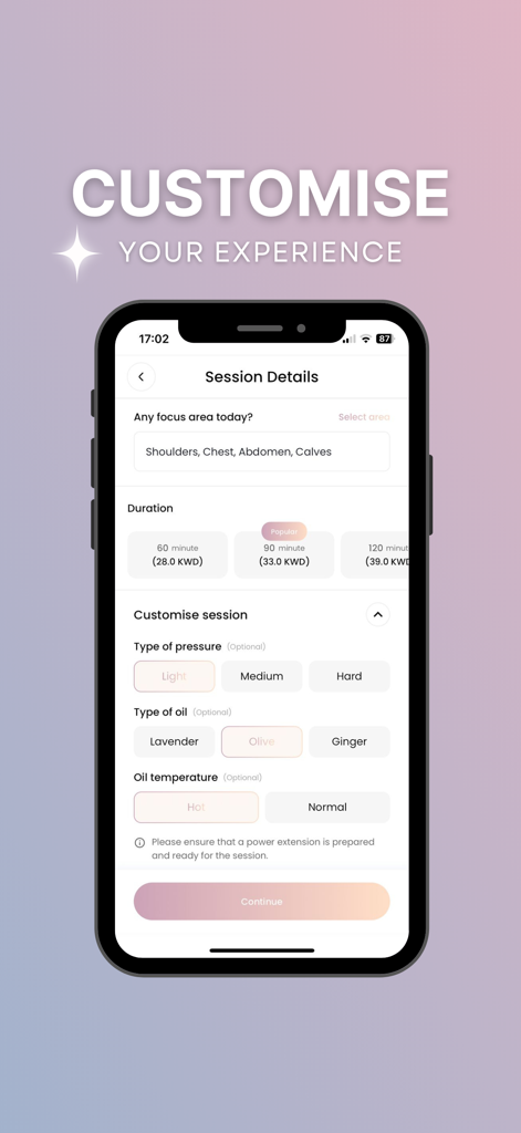Masaj - マッサージの重点エリア、持続時間、オイルの種類をカスタマイズするオプションを表示するモバイル画面