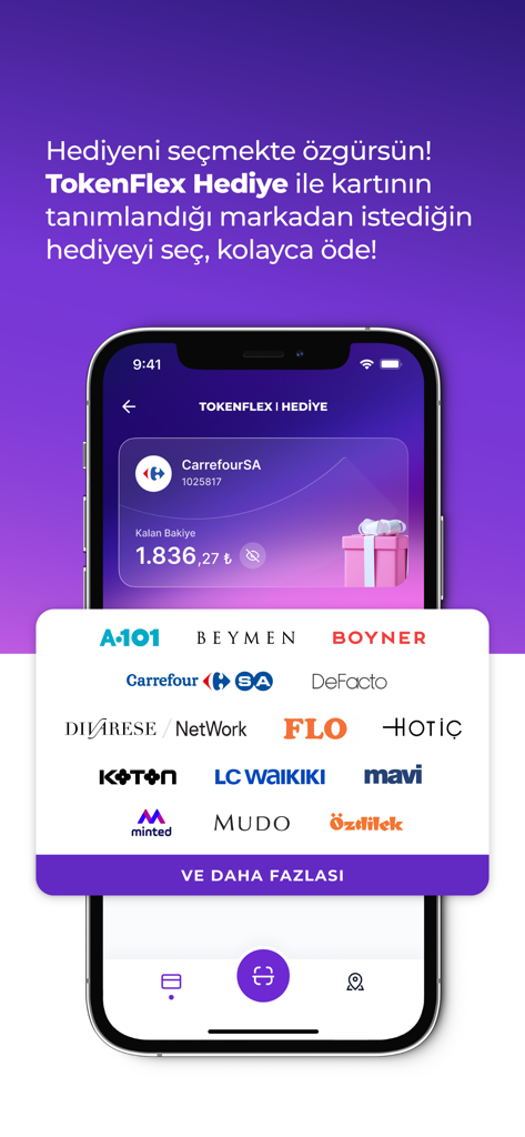 TokenFlex - TokenFlex mobile app screen showing a user balance for CarrefourSA and a list of partner retail brand logos for gift voucher redemption.