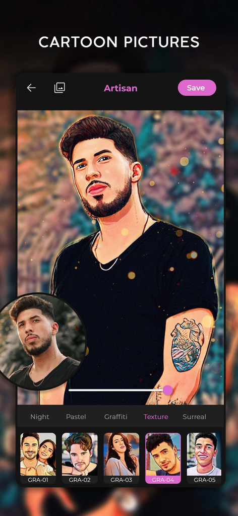 Interfaz de la aplicación Artisan Cartoon Photo Editor que muestra un retrato de hombre transformado con un filtro de arte de dibujo animado digital.