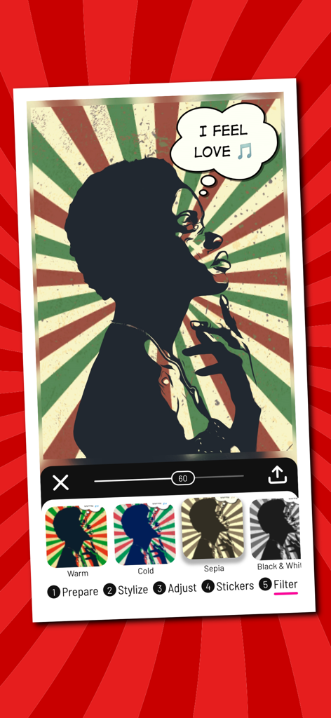 Toonita: Cartoon & Comic Maker - Toonita app interface showing a pop art silhouette edit with a speech bubble and color filter options