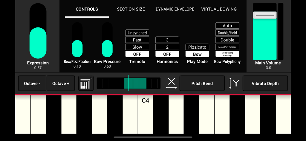SWAM Violin Section - Interface do SWAM Violin Section para iOS com controles de expressão e arco e um teclado virtual