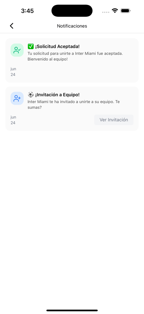 Campa - Pantalla de notificaciones de la app Campa mostrando solicitudes de unión a equipos e invitaciones para fútbol amateur