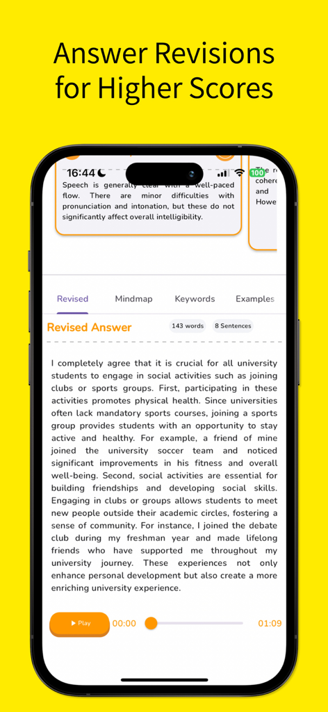 LingoLeap: AI TOEFL Prep - A screenshot of the LingoLeap app showing an AI-revised TOEFL answer with feedback on speech clarity and pronunciation.