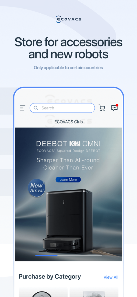Interface de l'application ECOVACS HOME affichant la boutique intégrée pour l'achat d'accessoires d'aspirateur robot et de nouveaux modèles DEEBOT.