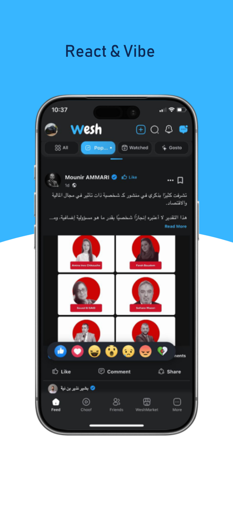 Wesh - Wesh social networking app interface showing a feed post with emoji reactions