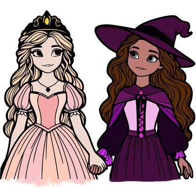 a princess and a witch holding hands realistic