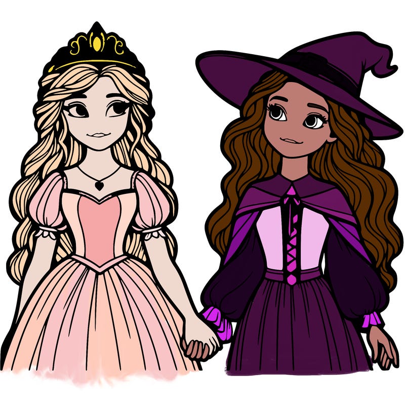 a princess and a witch holding hands realistic