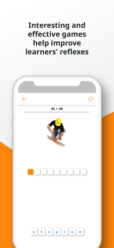 Pantalla del juego de ortografía en inglés en la aplicación PORO con un desafío de vocabulario basado en imágenes