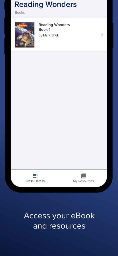 McGraw Hill K-12ポータルアプリのインターフェース。Reading Wondersの電子書籍とリソースアクセス画面が表示されています。