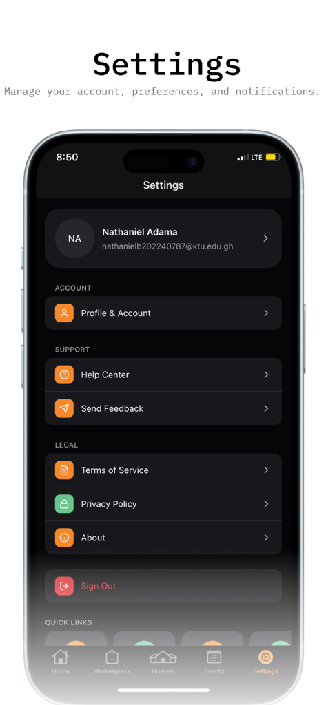 Schermata delle impostazioni dell'applicazione mobile KTU SRC che mostra le opzioni di profilo account, supporto e legali.