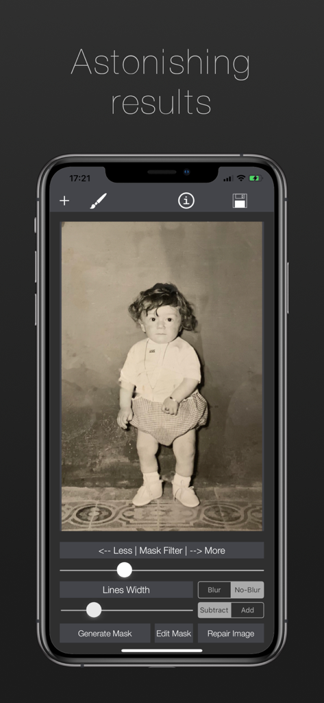 Damaged Photo Restore & Repair - Smartphone screen showing the Damaged Photo Restore and Repair app interface with an old picture of a toddler