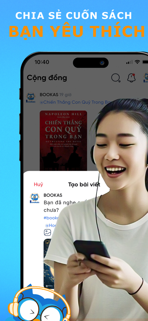 Bookas - Sách nói & Truyện - A young woman wearing headphones smiling while using the Bookas app to share a book in the community social network
