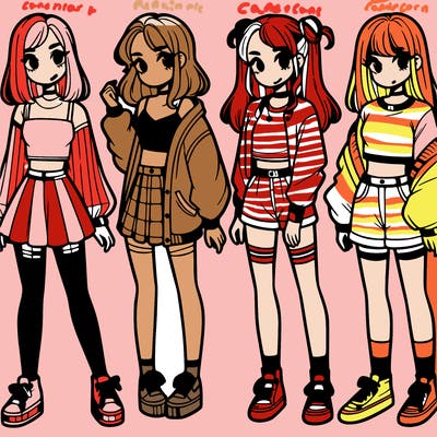 one girl with crop-top shirt and a jacket with a skirt, long socks and another girl with a shirt and pants with a jacket