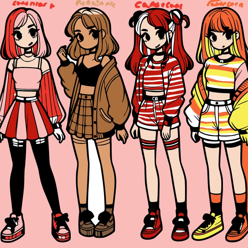 one girl with crop-top shirt and a jacket with a skirt, long socks and another girl with a shirt and pants with a jacket