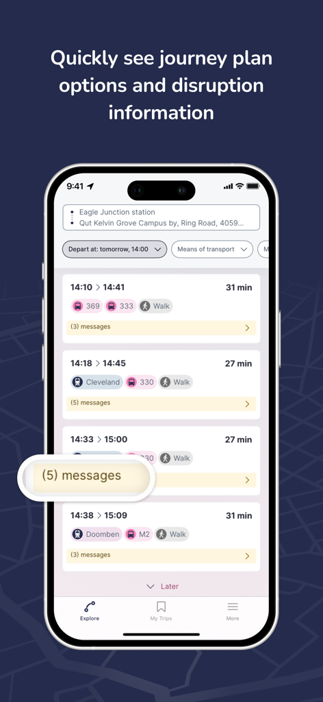 Translink app interface showing various journey plan options and disruption information for Queensland public transport.