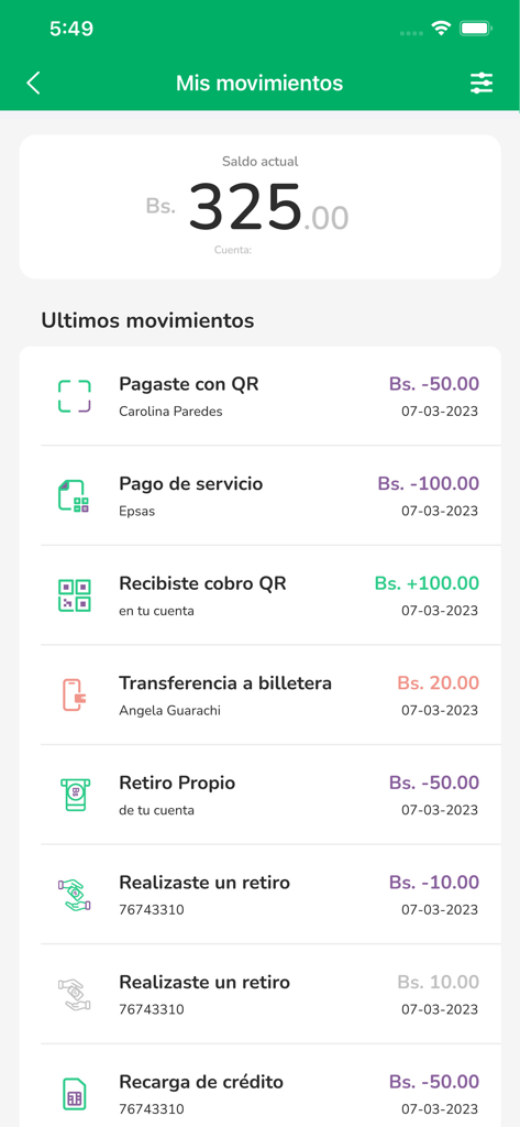 Bille - Bille digital wallet app screen showing transaction history and account balance