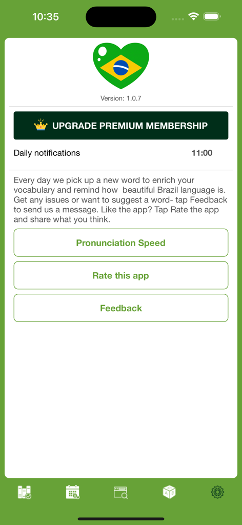 Brazil Word of the Day - Écran des paramètres de l'application Brésil Mot du Jour montrant les notifications quotidiennes et les options de mise à niveau premium