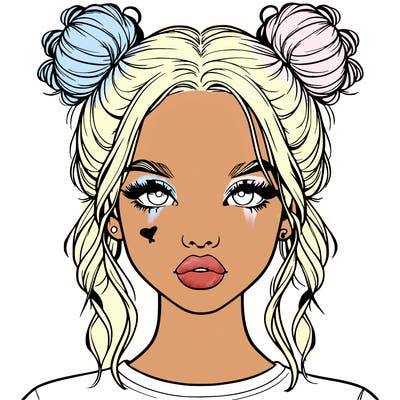 realistic girl with two buns in hair and lips