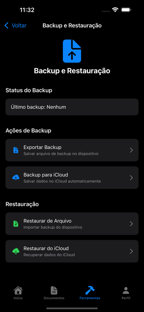 CAC Proアプリのインターフェイス、iCloudやローカルファイルのエクスポートを含むデータバックアップおよび復元オプションを表示