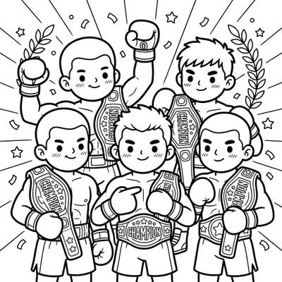 Step into the ring with these charming Kawaii champion boxers, proudly displaying their hard-won belts! This delightful coloring page combines the excitement of boxing with an irresistibly cute art style, ready for your creative touch.