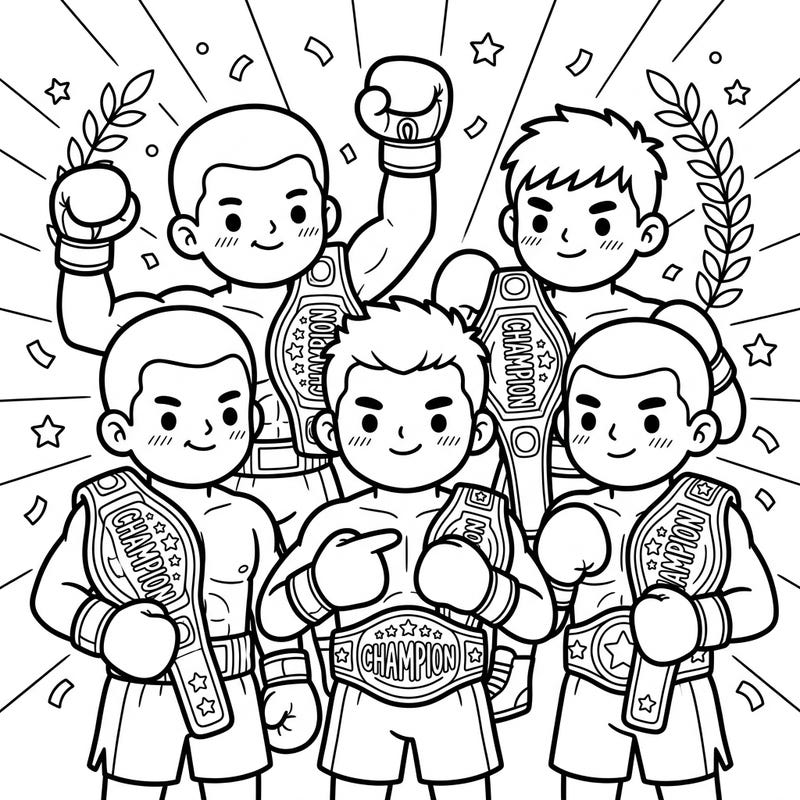 Step into the ring with these charming Kawaii champion boxers, proudly displaying their hard-won belts! This delightful coloring page combines the excitement of boxing with an irresistibly cute art style, ready for your creative touch.