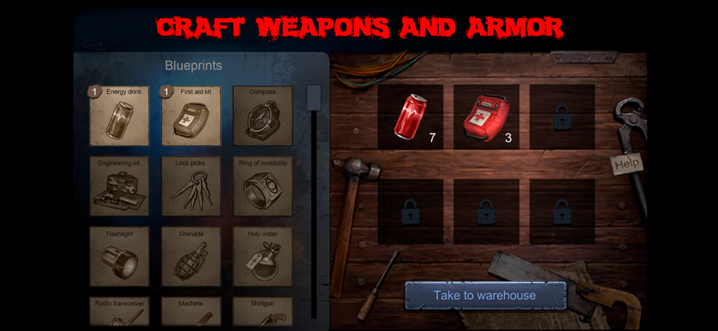 Crafting menu in Horrorfield Multiplayer Horror showing blueprints for survival items