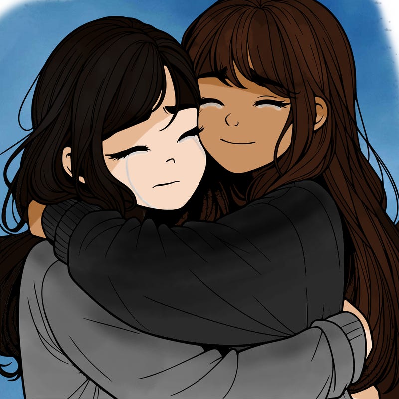 realistic two girls hugging