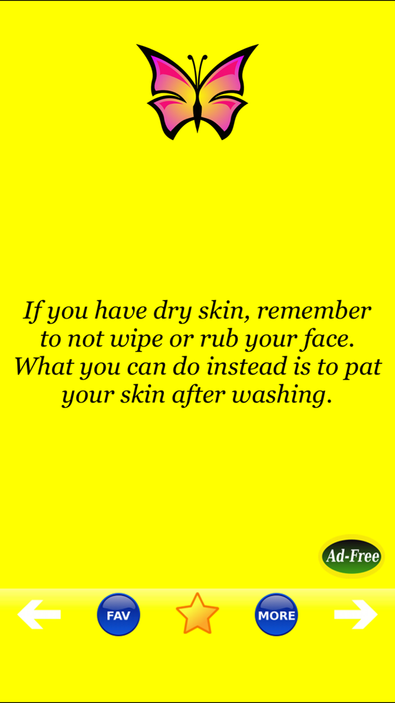 Un consejo de belleza para piel seca mostrado en un fondo amarillo con un icono de mariposa y botones de navegación.