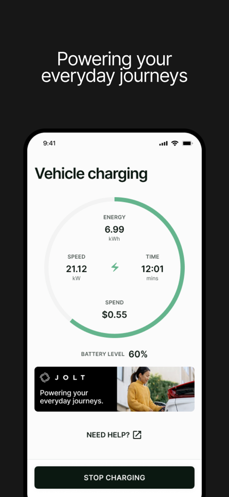 Real time electric vehicle charging status screen in the JOLT app showing energy consumption speed and cost