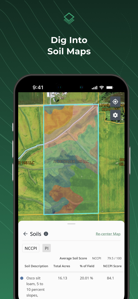 Acres: Land Data & Parcel Maps - 特定の土地区画の詳細な土壌組成データとカラフルな土壌マップオーバーレイを表示するAcresアプリを備えた携帯電話画面