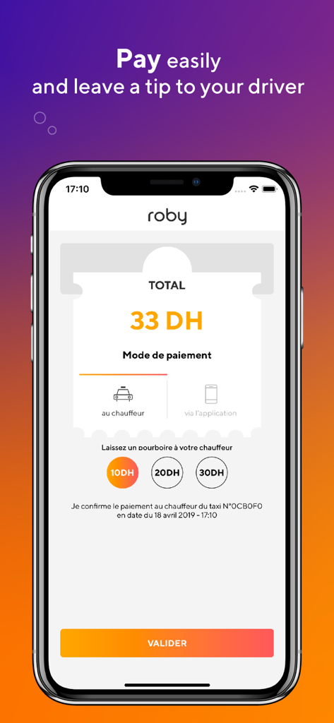 Schermata di pagamento dell'app roby taxi che mostra il totale della corsa e le opzioni di mancia in Dirham
