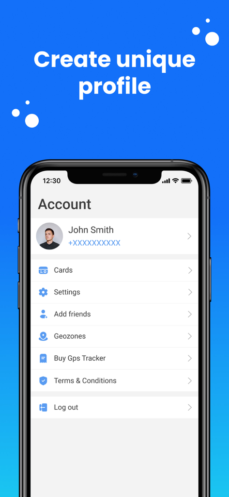NaviMax - Location sharing - NaviMax app account screen showing profile info and navigation menu