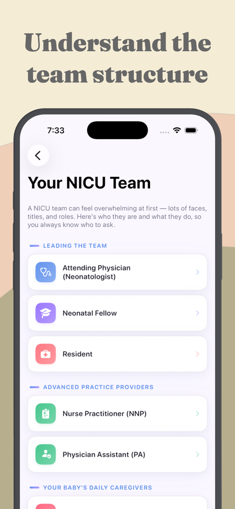 Roo: A NICU Companion App - Interfaz de la aplicación Roo que muestra los roles del equipo de atención de la UCIN, incluidos neonatólogos y enfermeras practicantes.