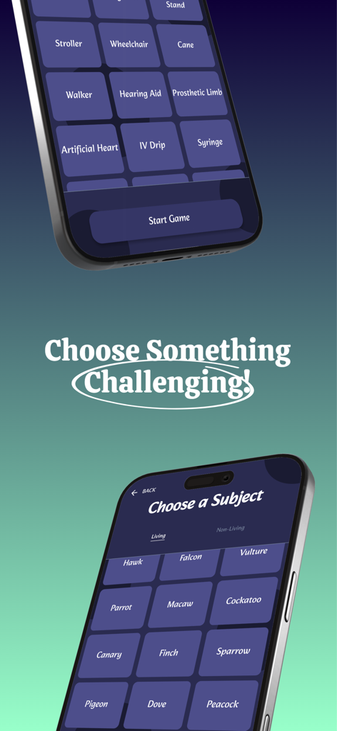 20 Questions - Guessing Game - Two phone screens displaying bird and medical subject selection lists for a guessing game