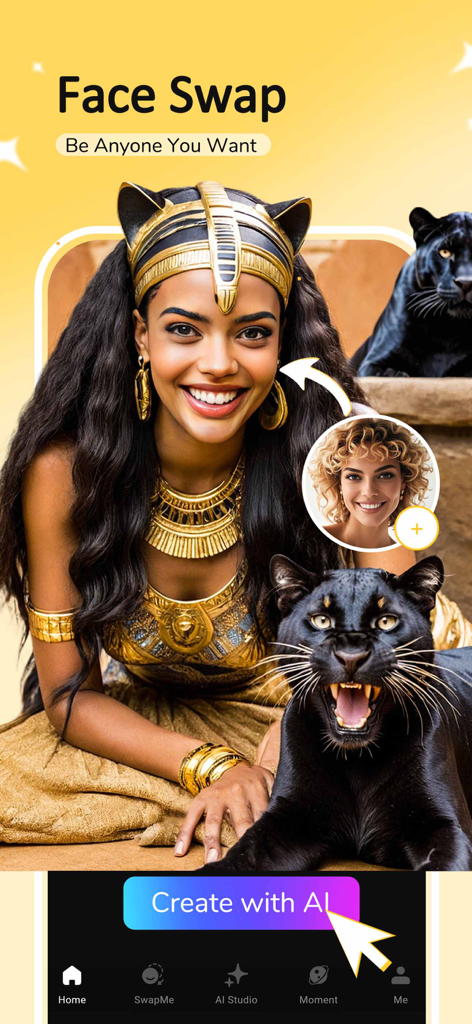FaceFun: AI Video Generator - Interface of FaceFun app showing a woman's face swapped onto an Egyptian goddess template