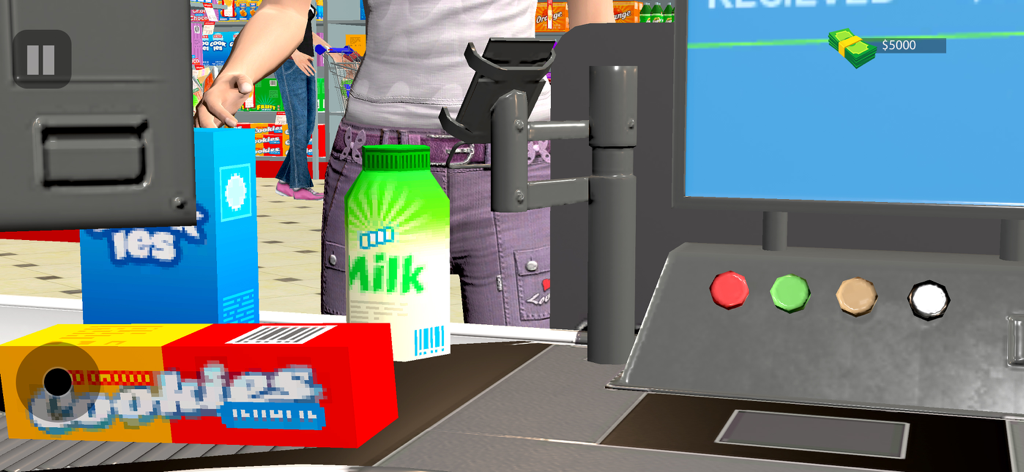 Supermarket Cashier Shop Sim - Una simulación 3D de un cajero de supermercado escaneando leche y galletas en un mostrador de pago