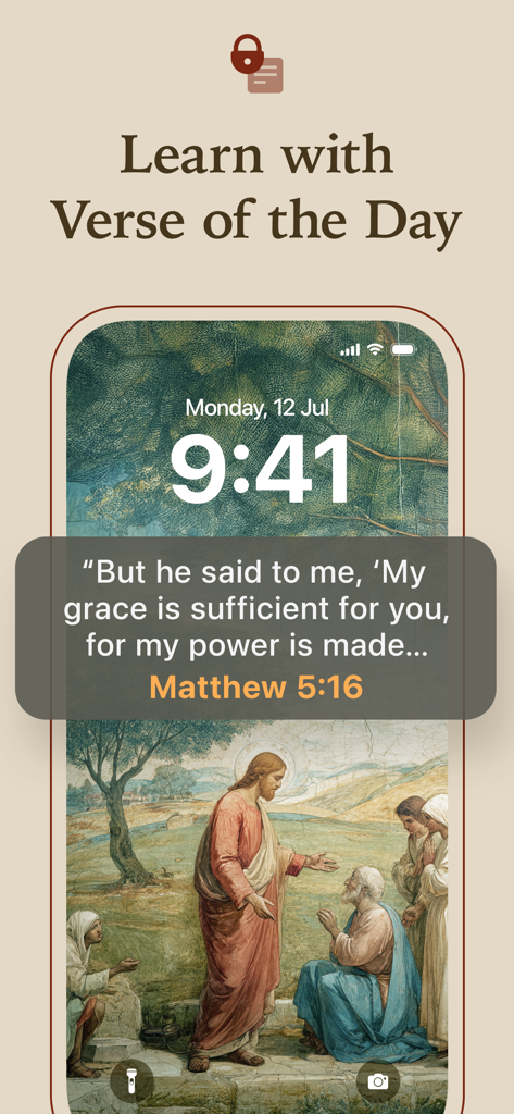 Faith Mentor - AI Bible Chat - iPhone lock screen showing a Bible verse notification from the Faith Mentor app over a religious painting