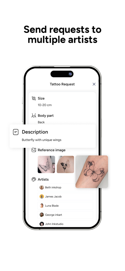 inckd. - inckd app interface showing a tattoo request form for a butterfly design being sent to multiple artists
