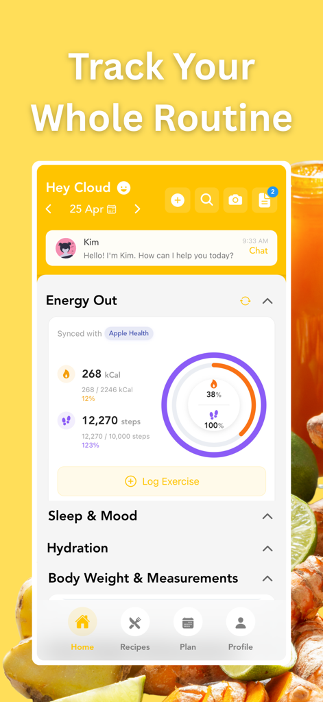 Foodzilla! Nutrition Assistant - The Foodzilla app home screen showing energy tracking including calories burned and daily steps synced with health data