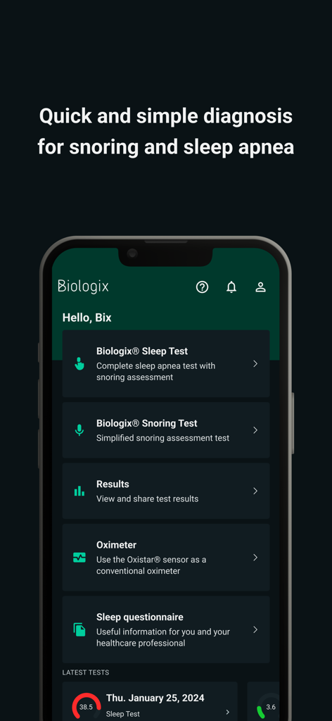 Biologix - The home screen of the Biologix app showing diagnostic tools for snoring and sleep apnea
