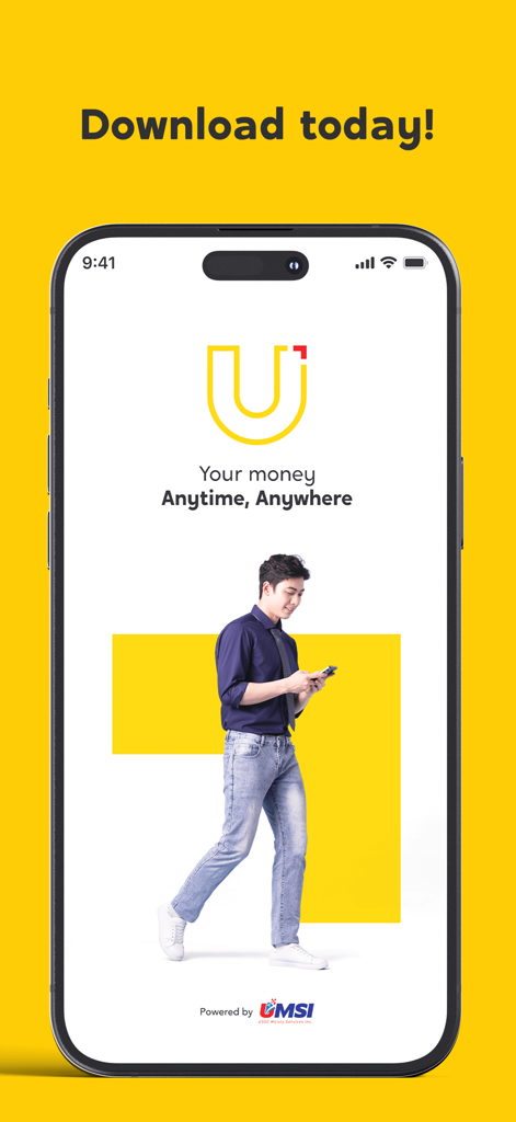 携帯電話を使用している男性と「Your money Anytime Anywhere」というスローガンのU Mobileアプリのスプラッシュ画面。