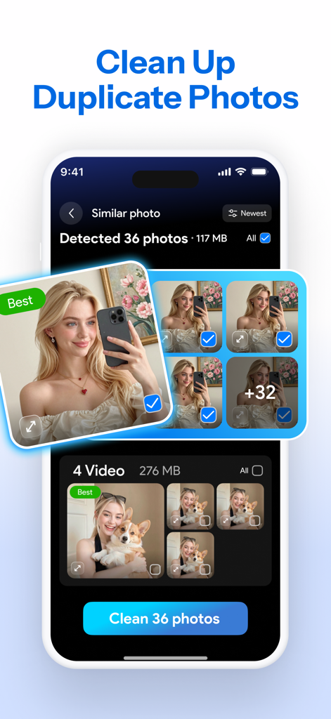 SmartClean AI: Storage Cleaner - SmartClean AI app interface showing duplicate photo detection and the option to clean up similar images to free up storage space.