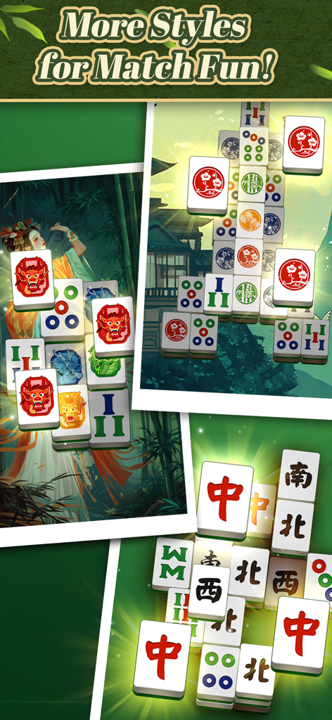 A showcase of different mahjong tile designs and artistic backgrounds in the Classic Mahjong Match Master game.