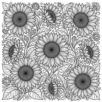Unleash your creativity with this stunning black oil sunflowers coloring page, specially designed for teens. Dive into a world of intricate details and floral beauty, perfect for a relaxing coloring session.