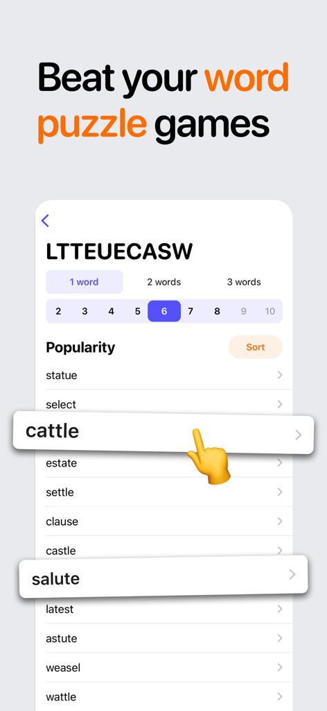 Interface of the Word and Anagram Finder app showing a list of unscrambled words sorted by popularity
