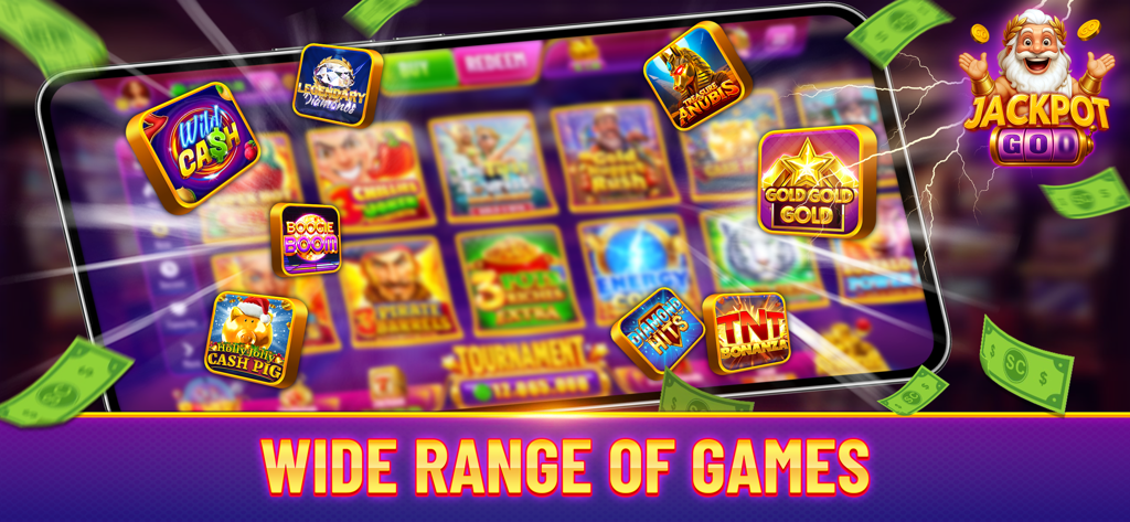 Jackpot Go Slots Casino mobile interface showing a wide variety of themed slot games.