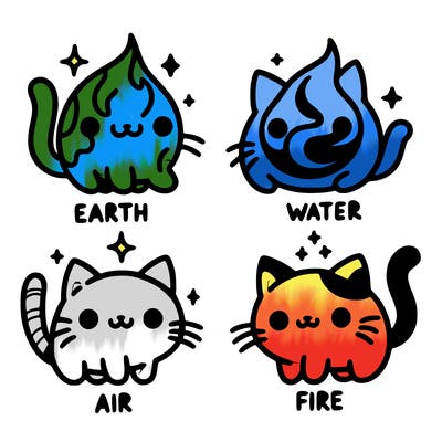 4 cats that represent the different elements, earth, water, air, and fire