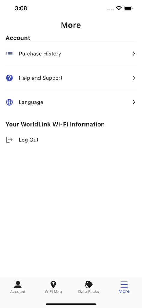 Écran des paramètres de l'application WorldLink Wi-Fi montrant les options pour l'historique des achats, l'aide et le support, la langue et la déconnexion