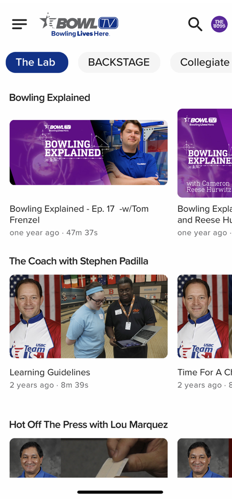 BowlTV - BowlTV app interface displaying The Lab section with bowling educational videos and coaching tutorials