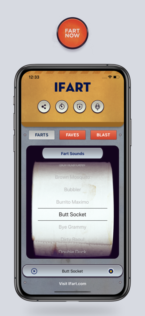 iFart - Fart Sounds App - iFart app screen displaying various fart sound effects on a toilet paper scroll